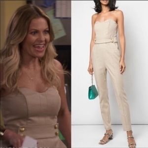Veronica Beard Beige Strapless Tailored Jumpsuit with Gold Buttons